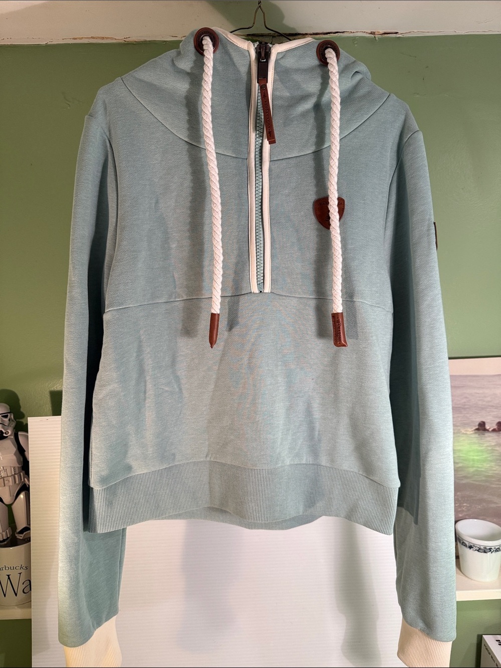 Wanakome Light Green Pullover Hoodie Sweater with Half-Zip